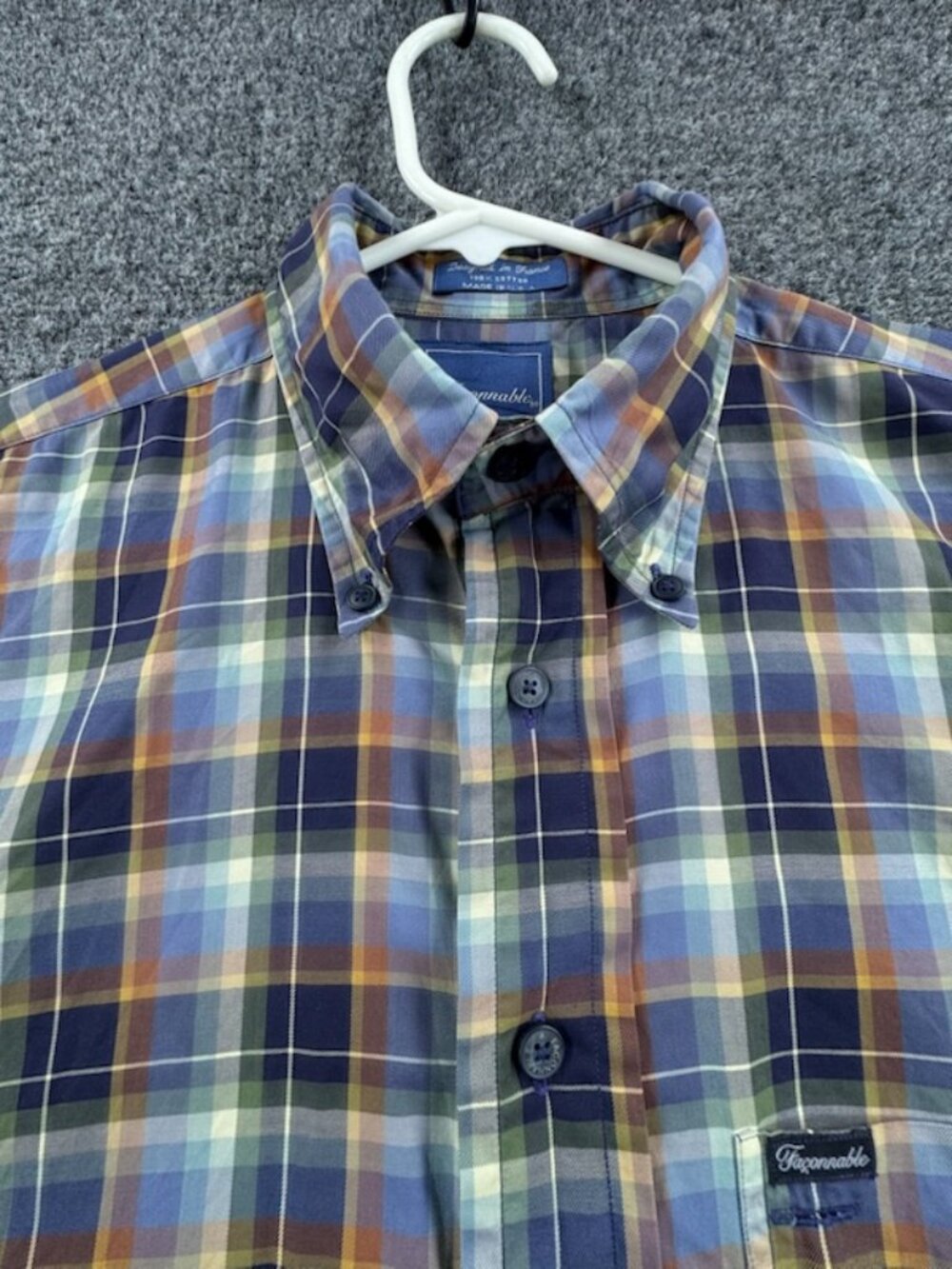 Faconnable Logo USA Plaid Blue Green Medium Button-Down Shirt Pocket Long Sleeve